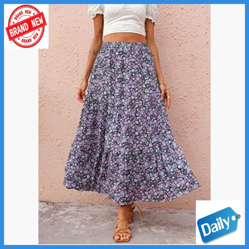 High Waist Boho Floral Maxi Skirt Lightweight Viscose Elastic Beach Casual - Picture 4 of 7